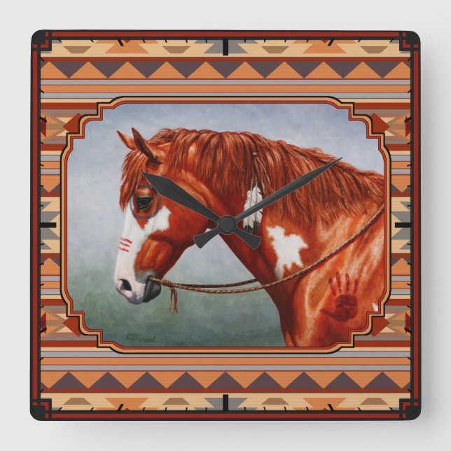 Chestnut Pinto Horse Southwest Indian Design Quadratische Wanduhr (Vorderseite)