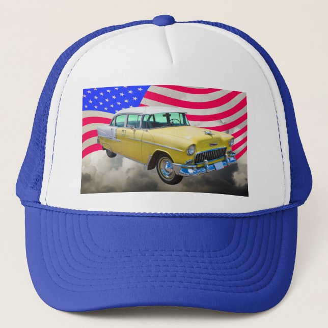 Chevrolet-Bel Air 1955 mit amerikanischer Flagge Truckerkappe (Vorderseite)