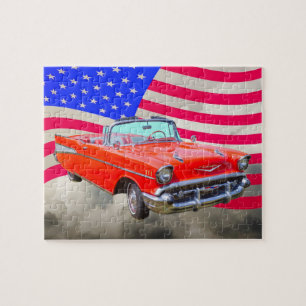 Chevrolet-Bel Air 1957 und US-Flagge Puzzle