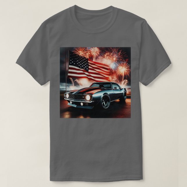 Chevrolet Camaro und die amerikanische Flagge von  T-Shirt (Design vorne)