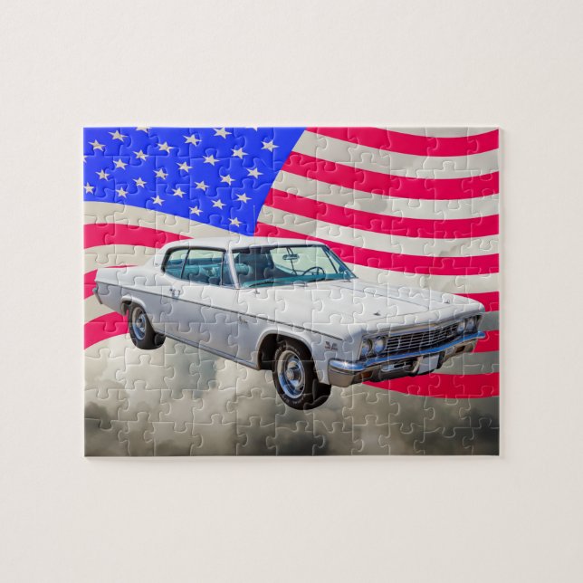 Chevrolet Caprice 1966 mit amerikanischer Flagge Puzzle (Horizontal)