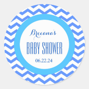 CHEVRONS Boy Baby Shower Name Datum V06 BLAU Runder Aufkleber