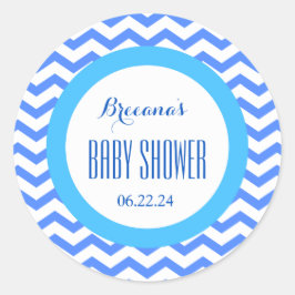 CHEVRONS Boy Baby Shower Name Datum V06 BLUE Runder Aufkleber