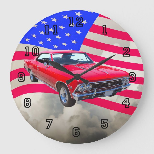 Chevy Chevelle SS 396 mit amerikanischer Flagge Große Wanduhr (Vorderseite)