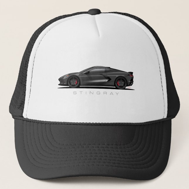 Chevy Corvette C8 schwarze Illustration Truckerkappe (Vorderseite)