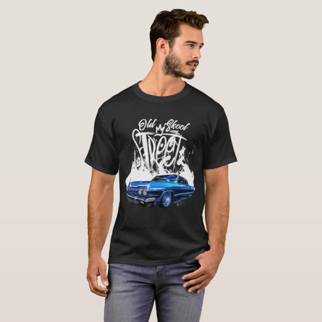 Chevy Low Rider Blue Car Old School White Flames T-Shirt (Vorne ganz)
