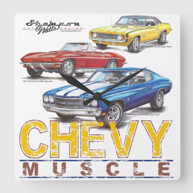 Chevy Muscle Square Clock Quadratische Wanduhr (Vorderseite)