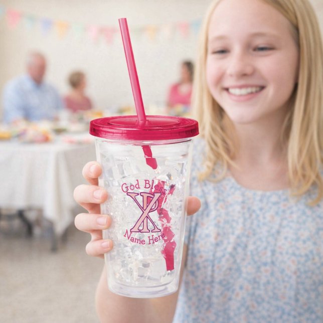 Chi Ro Christian Cross Pink Personalized Acryltrinkbecher (Personalized acrylic tumbler with pink Christian ChiRo Cross. Above reads GOD BLESS. Below, name.)