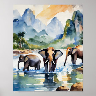 Chiang Mai Thailand Elephants Watercolor Poster
