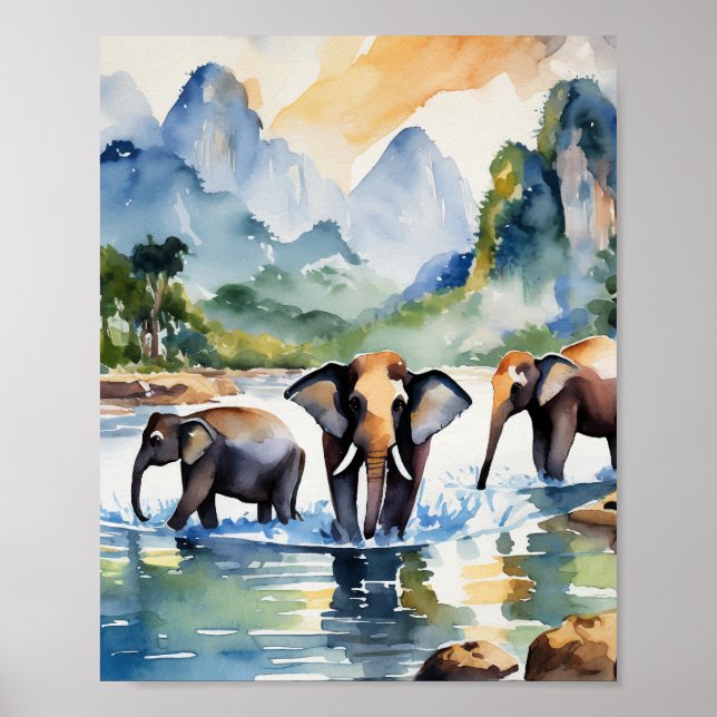 Chiang Mai Thailand Elephants Watercolor Poster (Vorne)