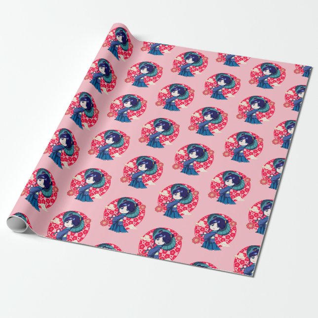 Chibi Anime Kawaii Kimono Geschenkpapier (Ungerollt)