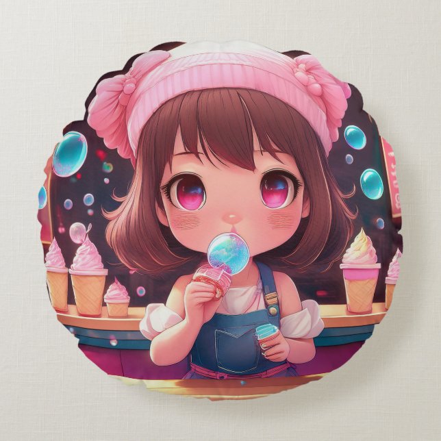Chibi art Chibi Rundes Kissen (Vorderseite)