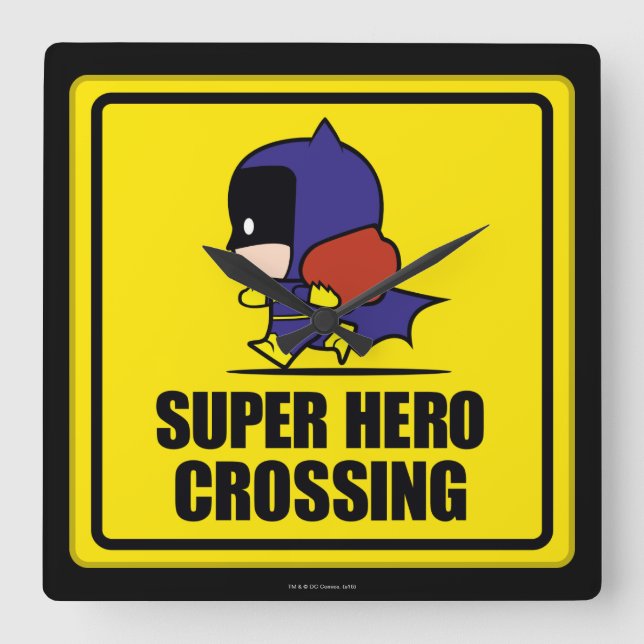 Chibi Batfrau Super Hero Crossing Sign Quadratische Wanduhr (Vorderseite)