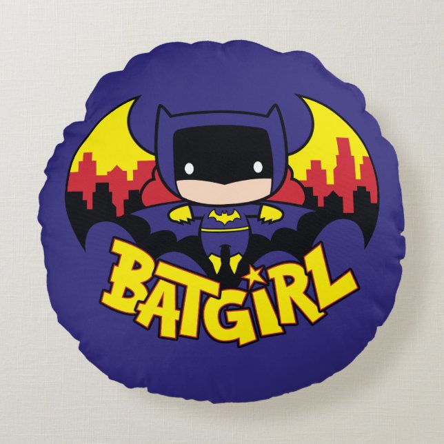 Chibi Batgirl mit Gotham Skyline & Logo Rundes Kissen (Vorderseite)