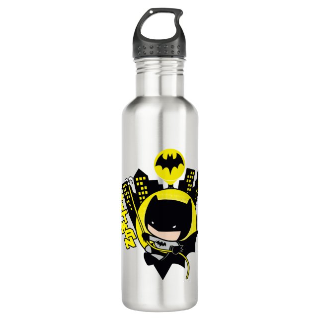 Chibi Batman skaliert die Stadt Edelstahlflasche (Vorderseite)