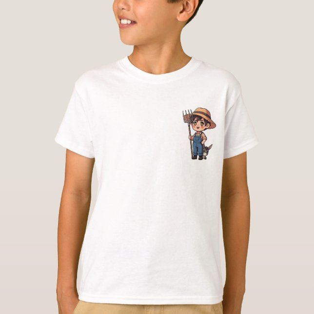 Chibi-Bauerjunge mit Heugabel und Esel-Kinder T-Shirt (Vorderseite)