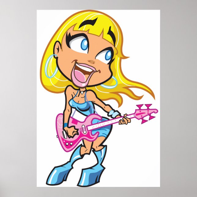 Chibi Blonde Girl Rocker Playing Pink Bass Guitar Poster (Vorne)