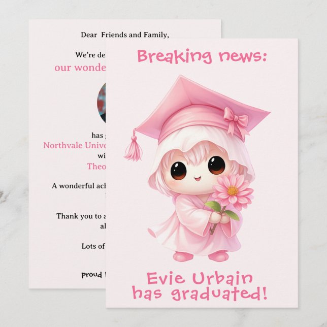 🎓Chibi Blossom Graduation Announcement Einladung (Vorne/Hinten)