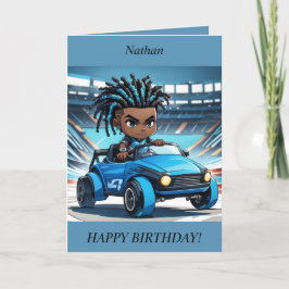 Chibi Boy wagt Rennwagen Geburtstagskarte Feiertagskarte