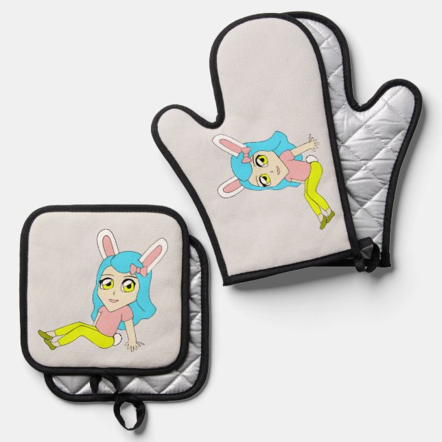 Chibi Bunnygirl Ofenhandschuh & Topflappen-Set (Vorderseite/Rückseite)