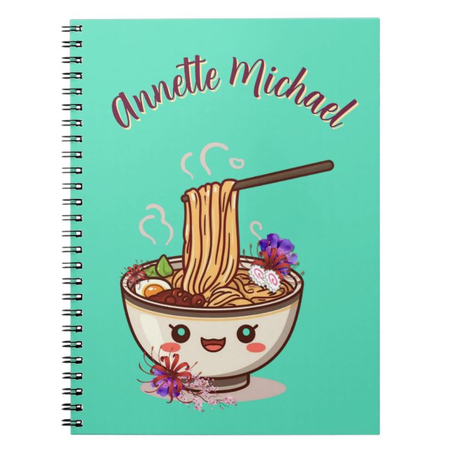 Chibi Cartoon Mint Green Ramen Bowl Japanese Flora Notizblock (Vorderseite)