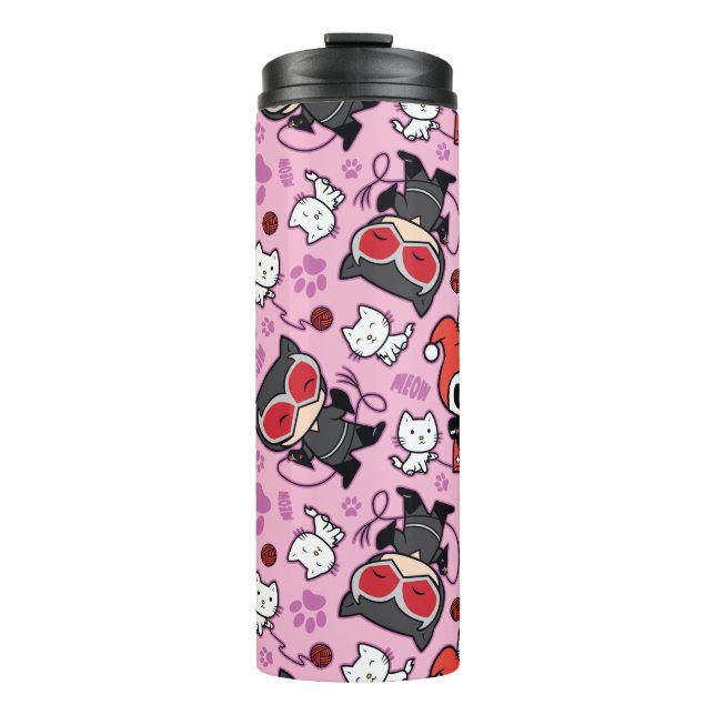 Chibi Catwoman, Harley Quinn & Kittens Pattern Thermosbecher (Vorderseite)