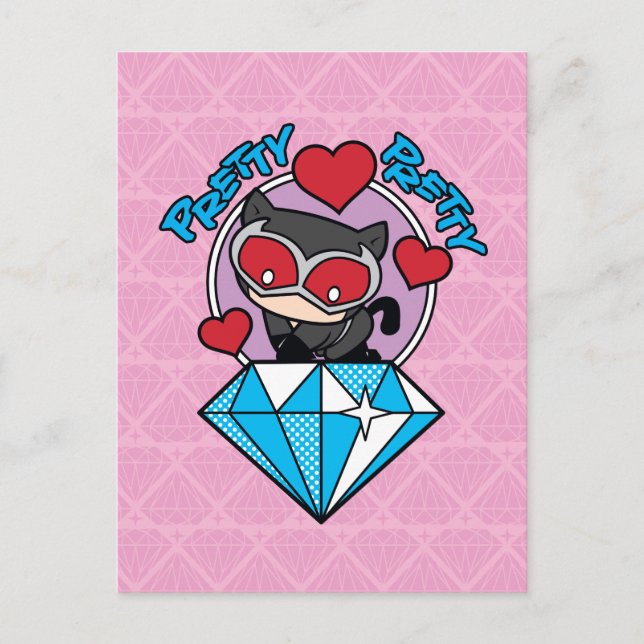 Chibi Catwoman sitzt oben auf großen Diamanten Postkarte (Vorderseite)