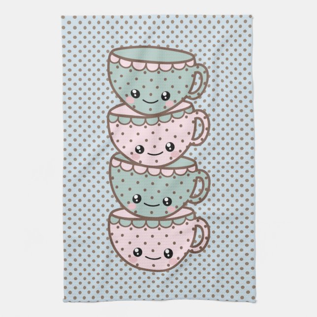 Chibi Dotty Teacup Stack Pink und Blau Geschirrtuch (Vertikal)