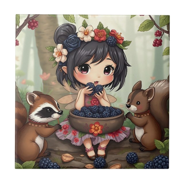 Chibi Fairy Eating Blackberries with Forest Friend Fliese (Vorderseite)