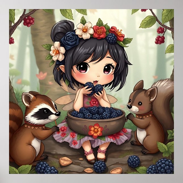 Chibi Fairy Eating Blackberries with Forest Friend Poster (Vorne)