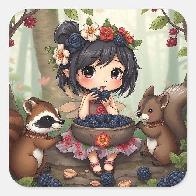 Chibi Fairy Eating Blackberries with Forest Friend Quadratischer Aufkleber (Vorderseite)