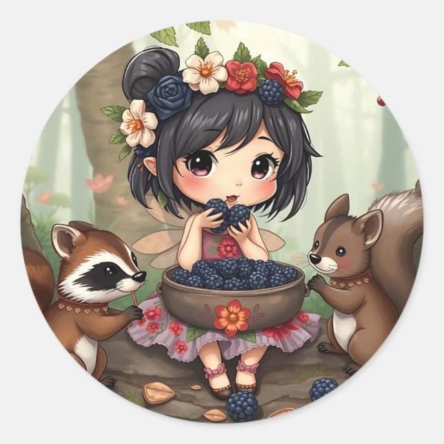 Chibi Fairy Eating Blackberries with Forest Friend Runder Aufkleber (Vorderseite)