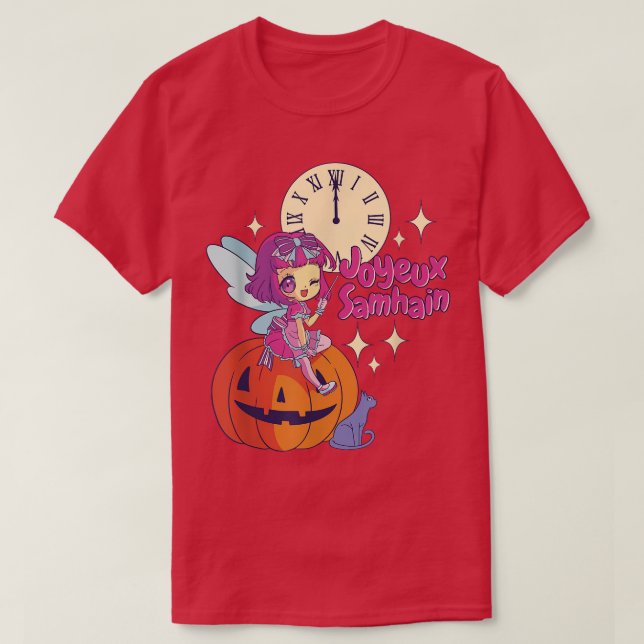 Chibi Fairy Godmutter Black Cat Pumpkin Halloween T-Shirt (Design vorne)