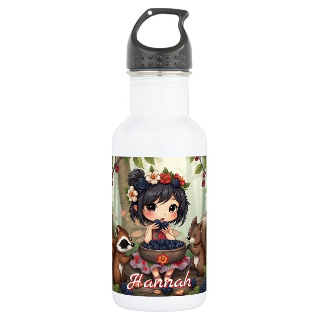 Chibi-Fee, die mit ihrem Wald Freund Brombeeren is Edelstahlflasche (Vorderseite)