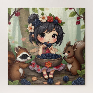 Chibi-Fee, die mit ihrem Wald Freund Brombeeren is Puzzle