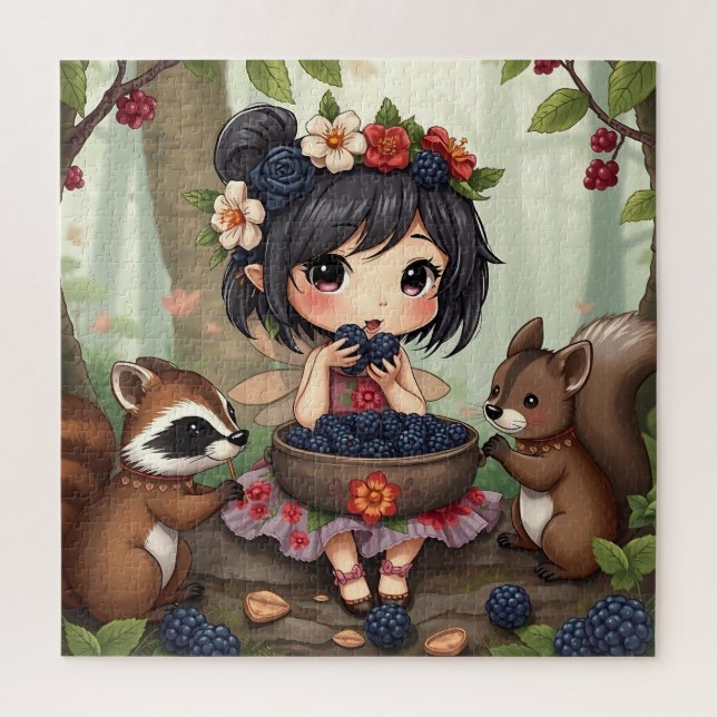 Chibi-Fee, die mit ihrem Wald Freund Brombeeren is Puzzle (Vertikal)