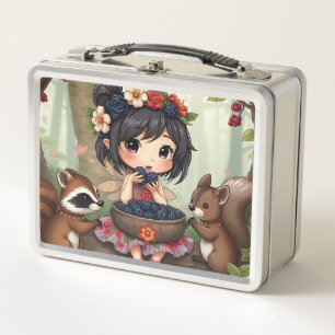 Chibi-Fee, die mit Waldtieren Brombeeren isst Metall Brotdose