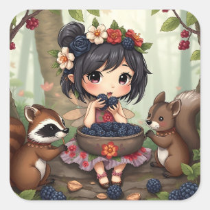 Chibi-Fee, die mit Waldtieren Brombeeren isst Quadratischer Aufkleber