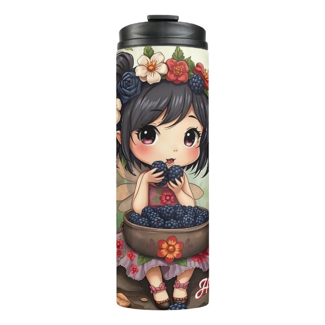 Chibi-Fee, die mit Waldtieren Brombeeren isst Thermosbecher (Vorderseite)