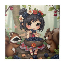 Chibi-Fee isst Brombeeren mit Waldtieren Fliese