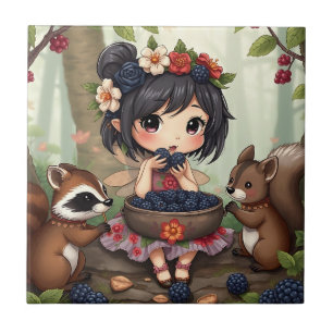 Chibi-Fee isst Brombeeren mit Waldtieren Fliese