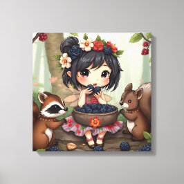 Chibi-Fee isst Brombeeren mit Waldtieren Leinwanddruck