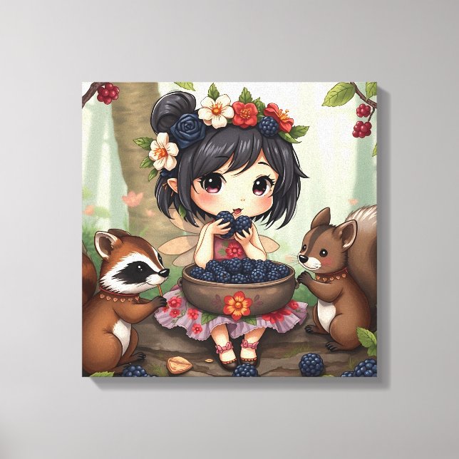 Chibi-Fee isst Brombeeren mit Waldtieren Leinwanddruck (Vorderseite)