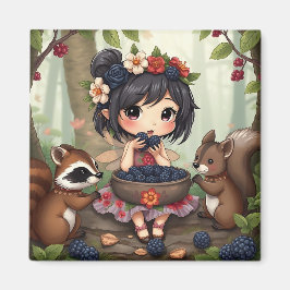Chibi-Fee isst Brombeeren mit Waldtieren Magnet