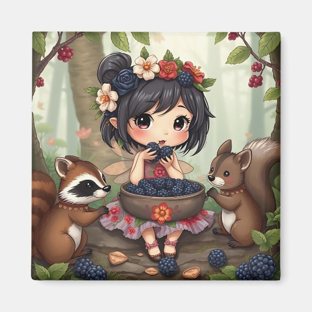 Chibi-Fee isst Brombeeren mit Waldtieren Magnet (Vorne)