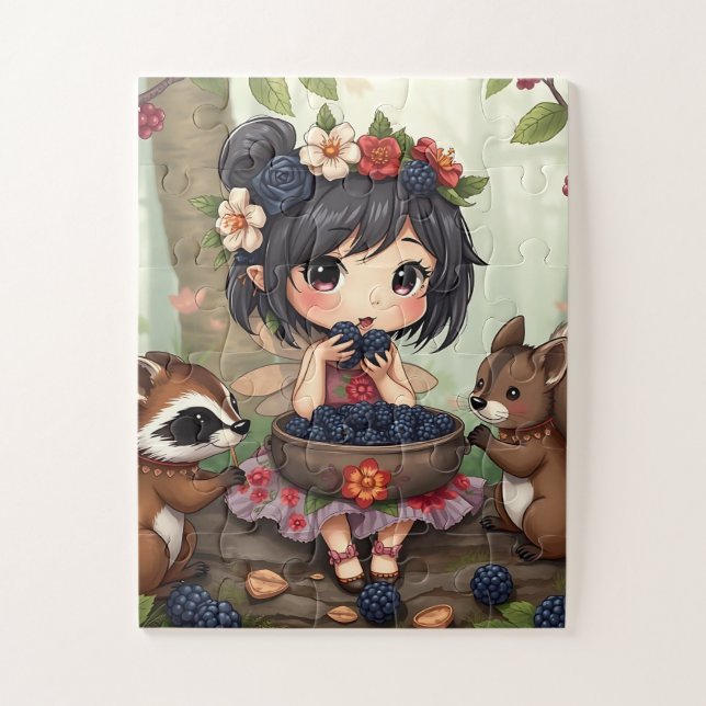 Chibi-Fee isst Brombeeren mit Waldtieren Puzzle (Vertikal)