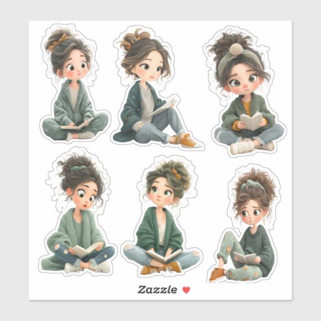 Chibi Girl Reading Sticker Sheet (Blatt)