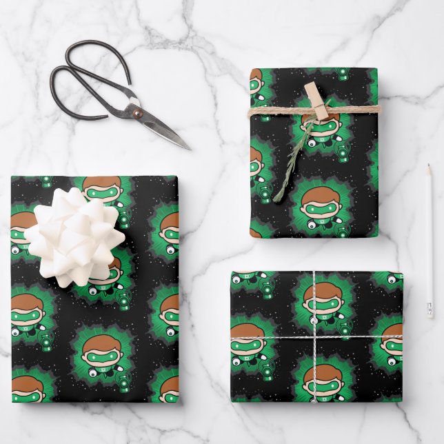 Chibi Green Lantern fliegen durch den Weltraum Geschenkpapier Set (Vorderseite)