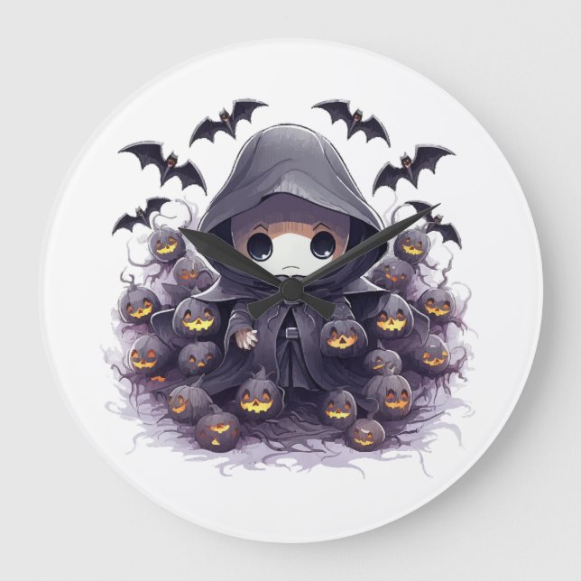 Chibi Grim Sensenmann Halloween - Adorable Dark Fa Große Wanduhr (Vorderseite)