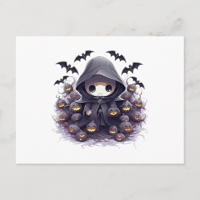 Chibi Grim Sensenmann Halloween - Adorable Dark Fa Postkarte (Vorderseite)